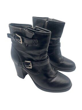 Chaps Dena Ankle Boots Sz 8.5B Black Buckle Strap Side Zip Block Heel Winter